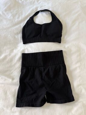 Black Ribbed Sports Bra & High-Waist Shorts Set